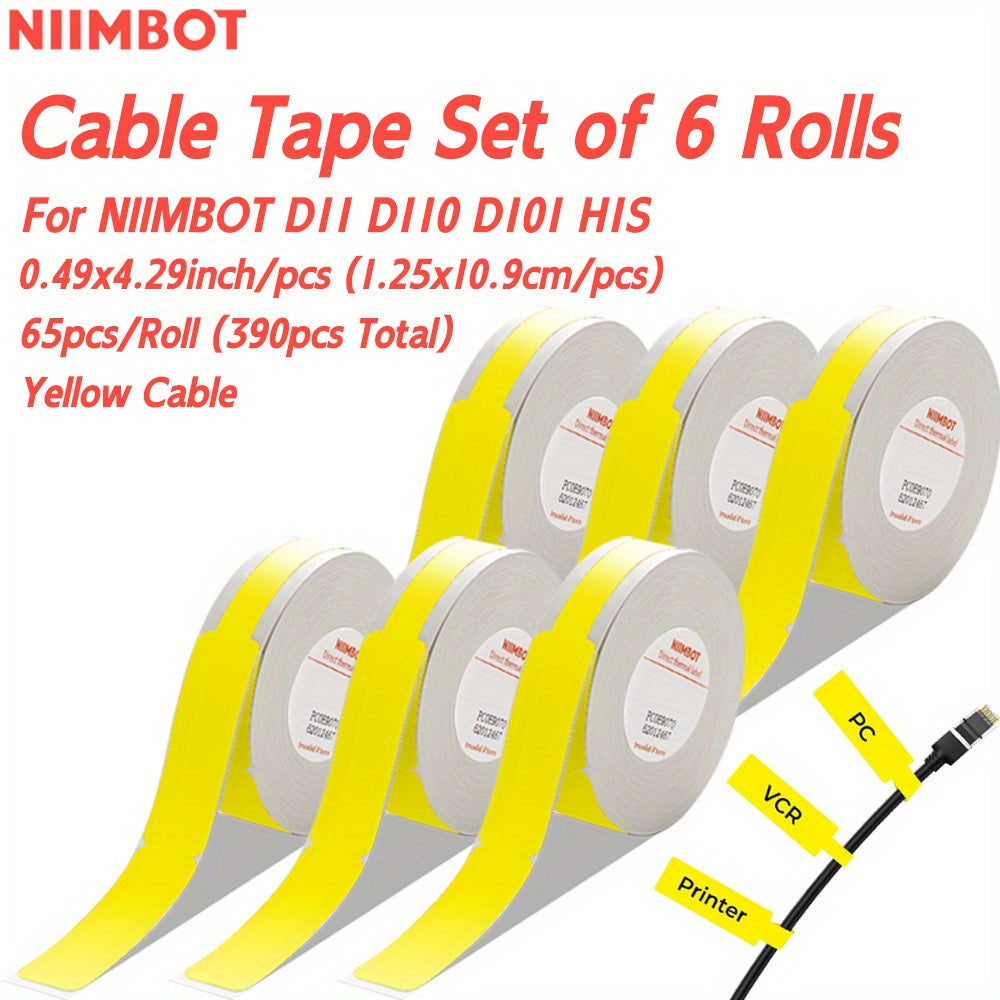 High-quality 6-piece NIIMBOT Thermal Label Tape Set for D11, D110, D101, H1S Printers. Features 1.19x10.9cm white labels with automatic identification chip. Ideal for home, school, office