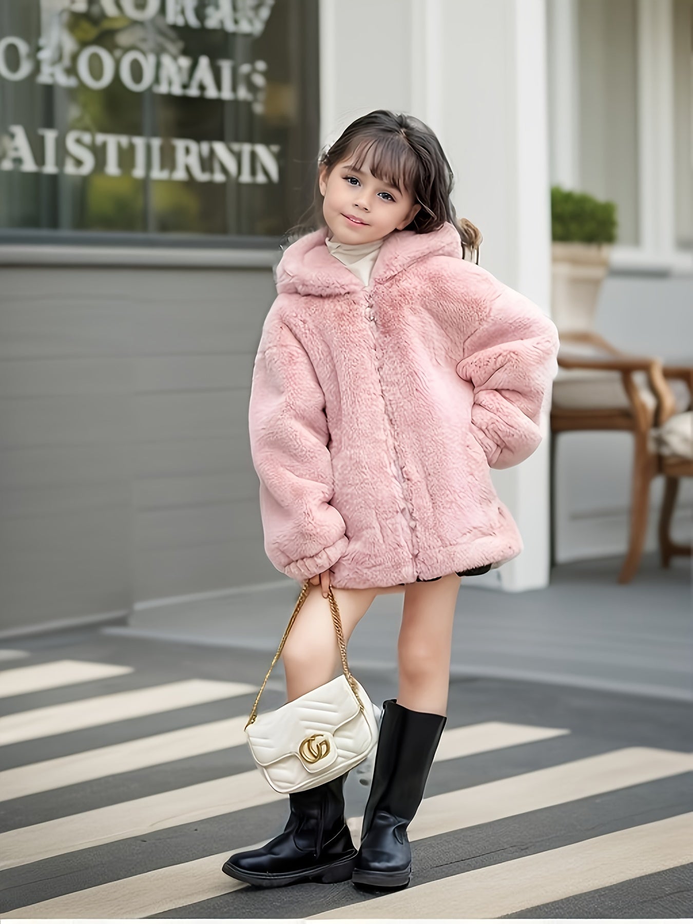 Kid's faux mink fur coat with bear ears hood for warmth in cold weather.