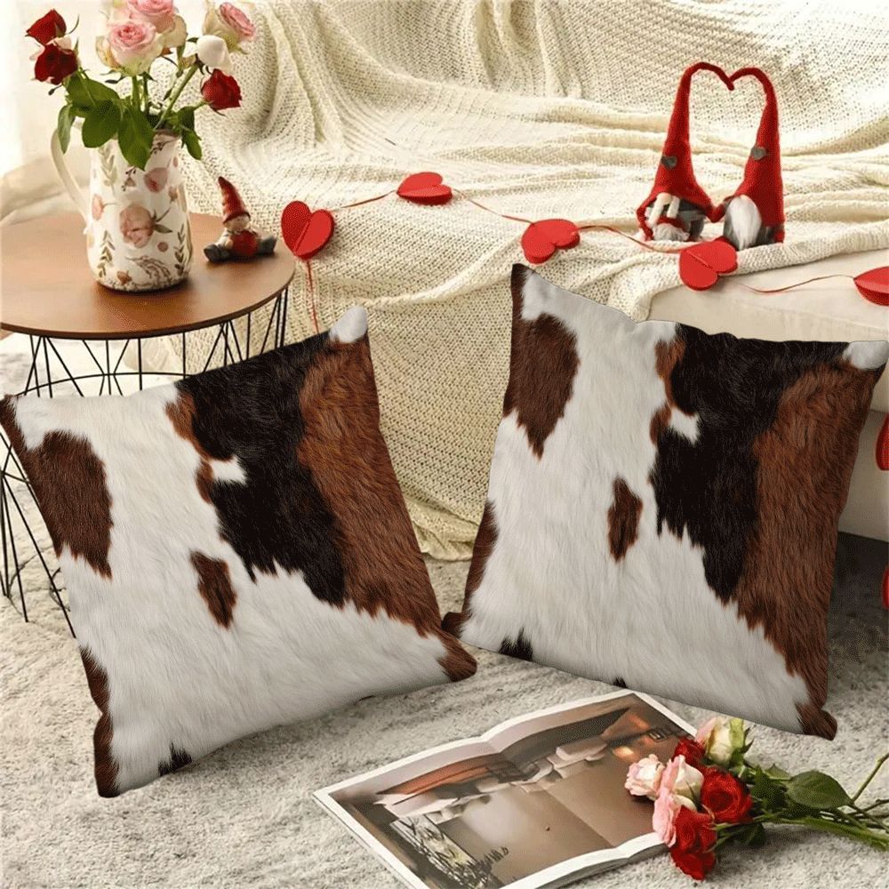 Set of 2 Modern Farmhouse Cowhide Print Pillow Covers, 45.72x45.72 cm, Made from Flannel Fabric, Easy to Clean in the Washing Machine, Stylish Decorative Throw Pillow Cases with Zipper Closure for Sofa and Bedroom, Provides Comfort All Year Round