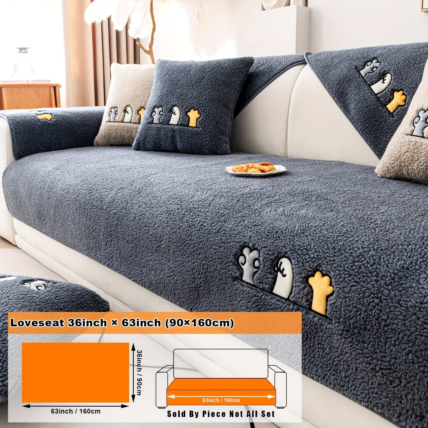 Modern plush sofa cover with paw pattern embroidery, non-slip protection for sofas, machine washable and suitable for various types of furniture.