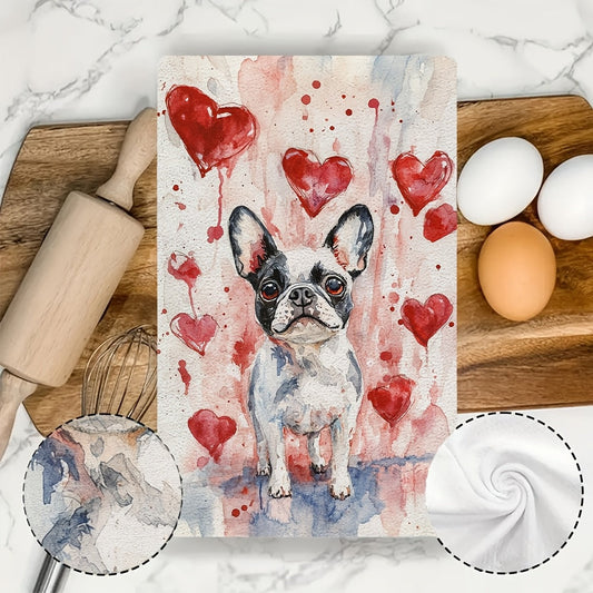 Two pieces of ultra soft kitchen towels featuring an adorable French Bulldog and heart design. These towels are highly absorbent and quick-drying, making them perfect for Valentine's Day decor. They are machine washable and measure 40.64x60.96 cm.