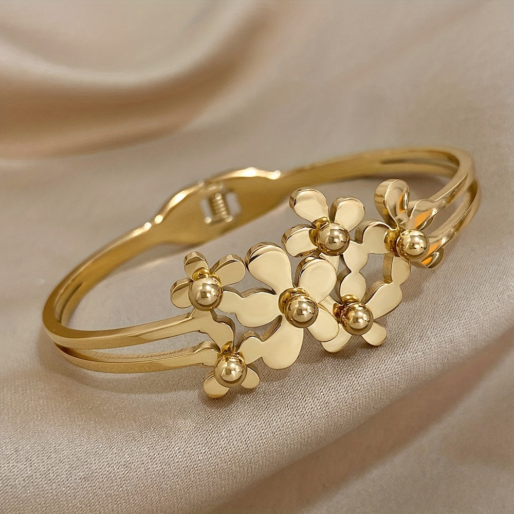 Elegant Gold-Plated Stainless Steel Bracelet for Men with 6 Flower Design Details