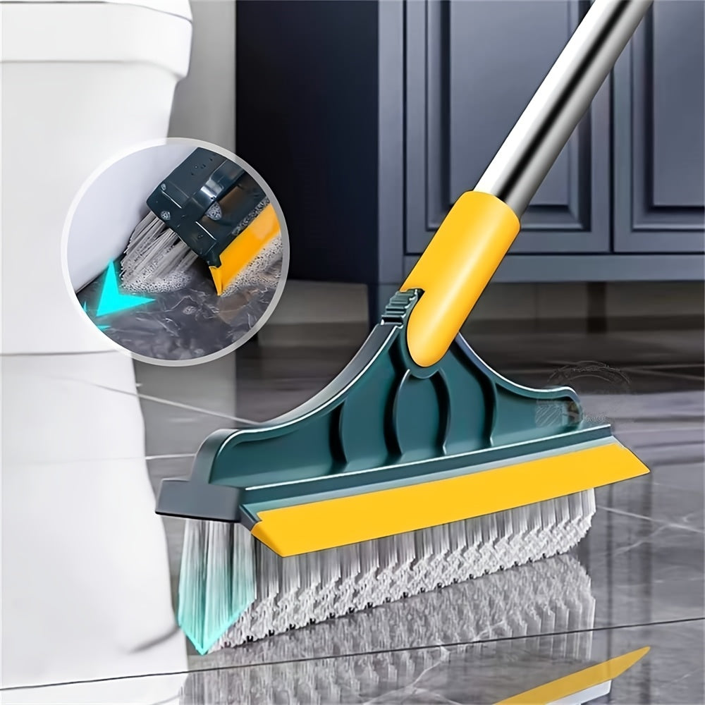 No electricity required! This 2-in-1 Multi-Surface Cleaning Brush features a long handle, 120° rotating scrubber, and squeegee. It is made of reusable plastic and metal, with a medium firmness for effective cleaning. Perfect for use in the bathroom