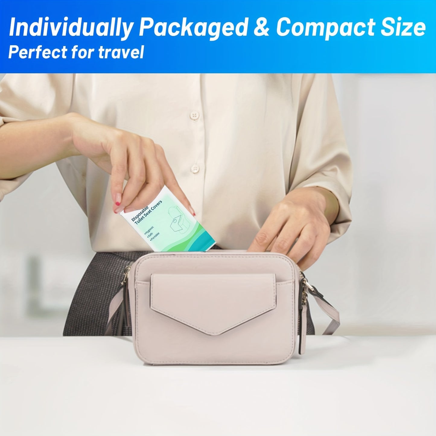 20 soft, flexible disposable toilet seat covers made of 100% waterproof non-woven fabric. Perfect for travel, public restrooms, airplanes, and camping. Easy-to-use for hygienic protection.