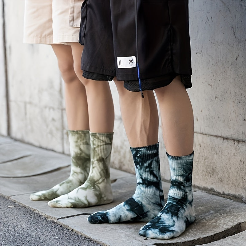 Three pairs of tie dyed men's socks with a trendy design, suitable for street skateboarding and hip-hop style, great for couples or sports.