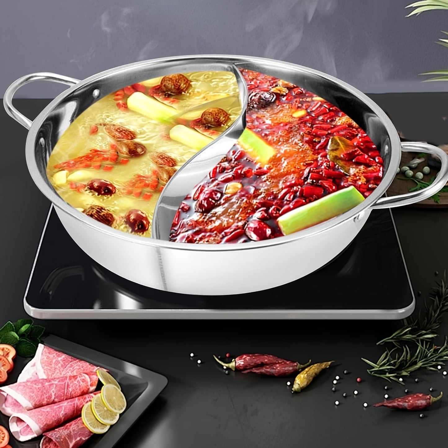 Dual sided hot pot with divider made of stainless steel, perfect for traditional shabu shabu cooking. Compatible with gas and induction hobs, this energy-efficient soup pot is designed for kitchen use without the need for electricity.