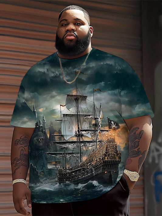 Men's pirate ship print t-shirt made of polyester knit fabric with slight stretch, featuring casual street style and regular fit for daily wear in plus size.