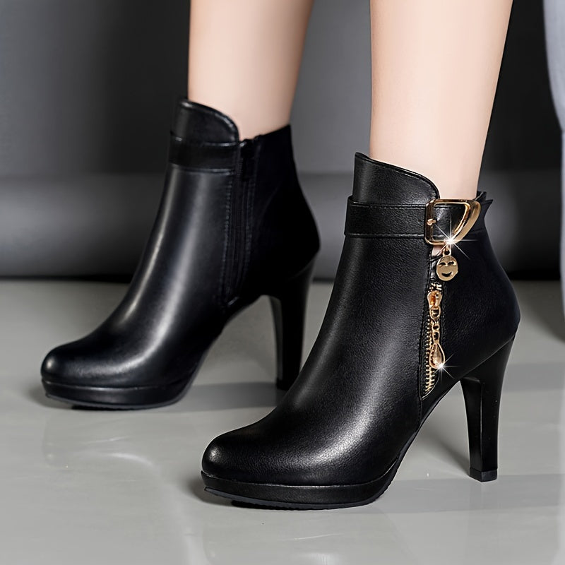 Stylish women's ankle boots with pointed toe, high heel, side zipper.