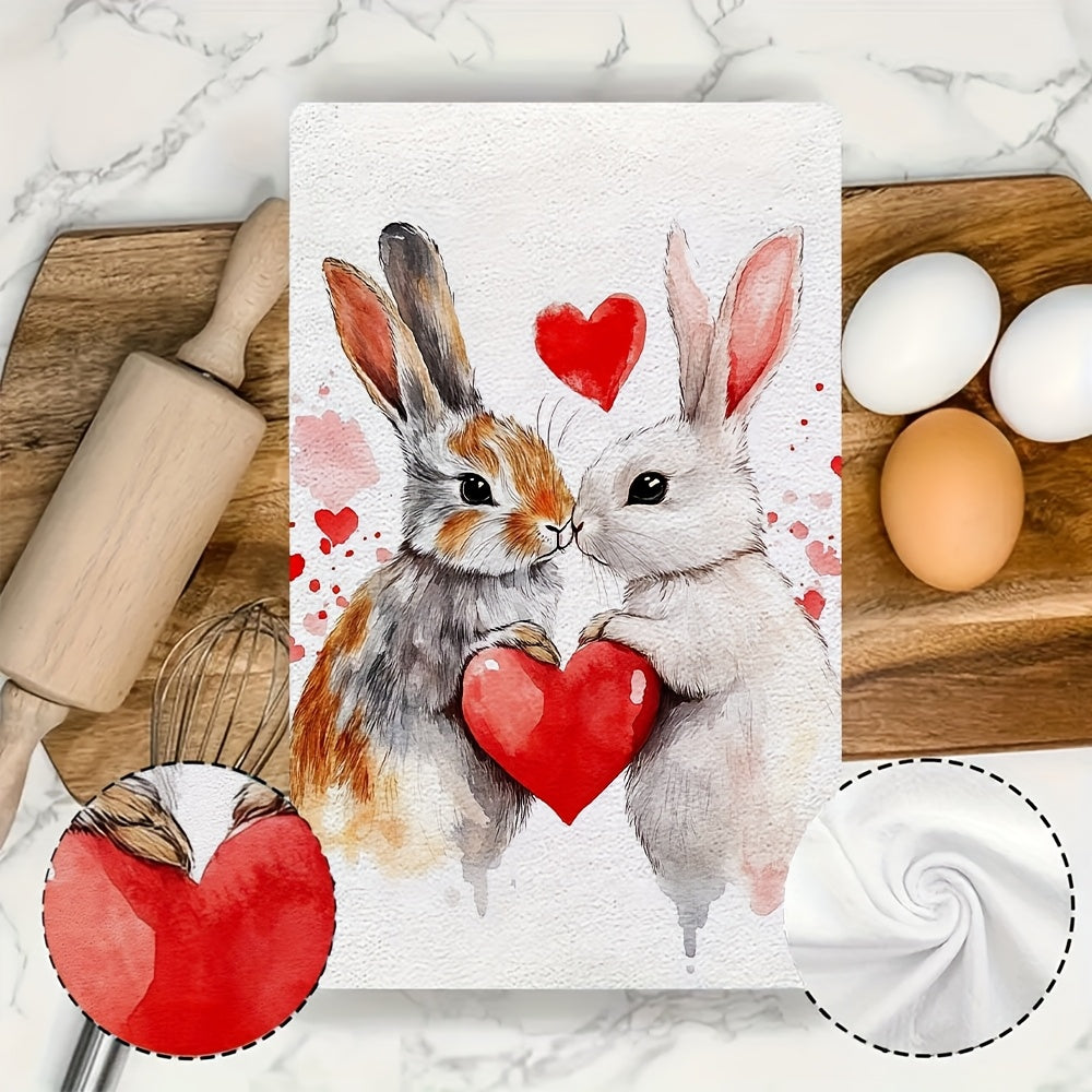 Celebrate Valentine's Day with these 2 ultra soft kitchen towels featuring an adorable bunny and heart design. Made from highly absorbent polyester, these dish hand towels are easy to clean as they are machine washable. Their contemporary style and