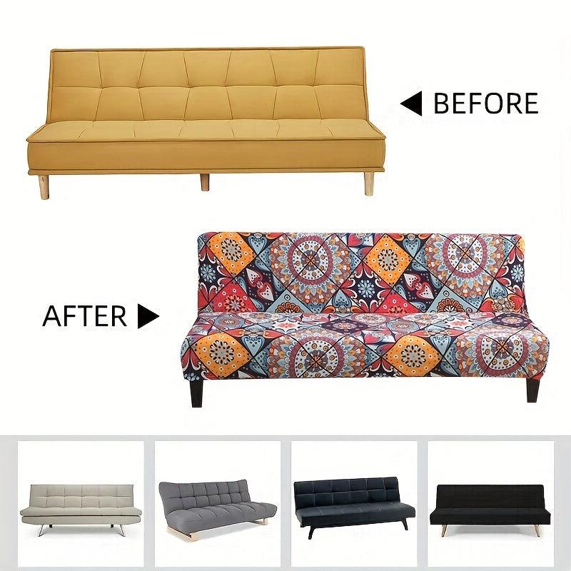 Printed armless futon slipcover to protect furniture in a bedroom, office, or living room.