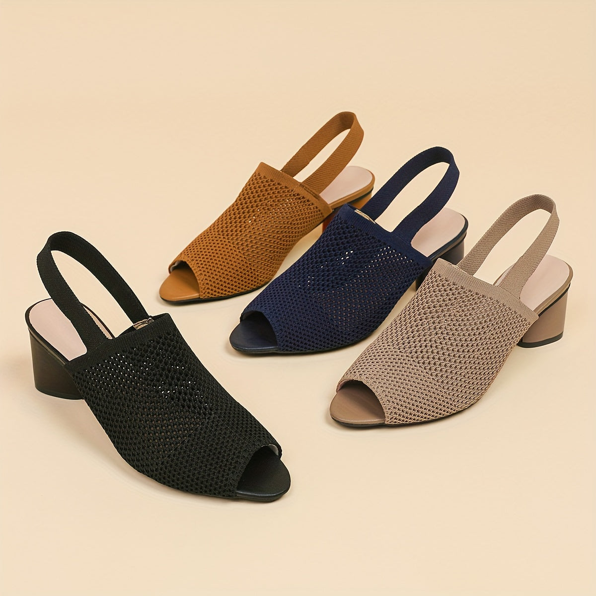 Mesh peep-toe chunky heel sandals for women, slip-on with elastic ankle strap, mid-heel design