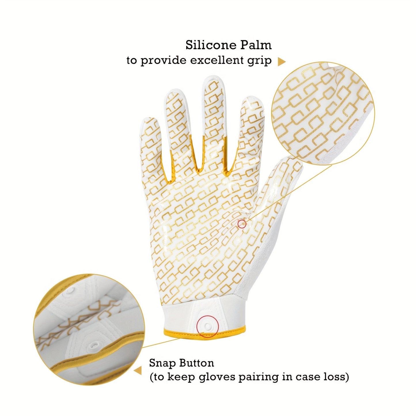 Adjustable football gloves with sticky white and golden receiver palms and elastic closure.