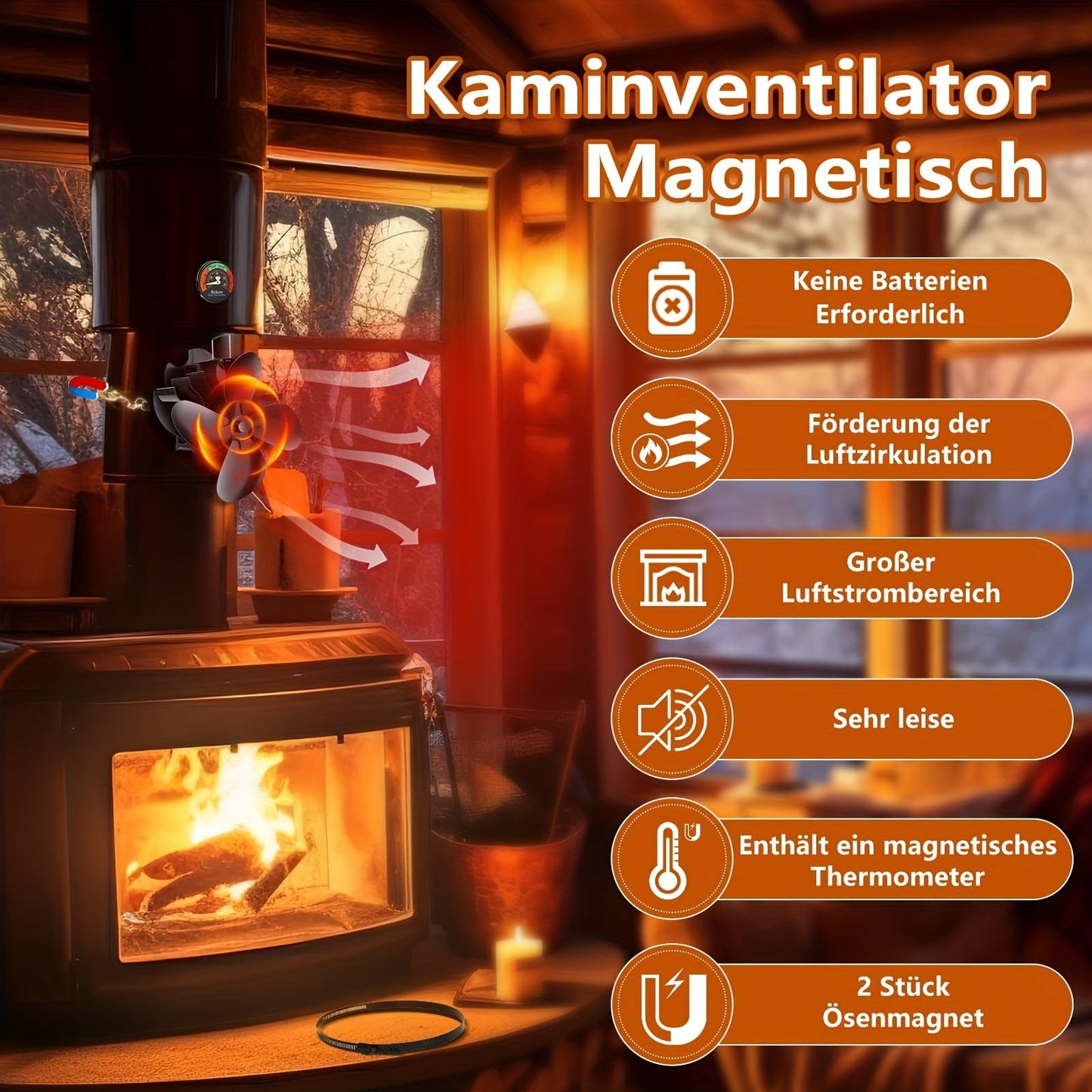 Fireplace Fan with Magnetic Attachment and Thermometer, Non-Electric Blades for Quiet Operation, Suitable for Stoves, Fireplaces, Wooden Walls, and Flue Walls