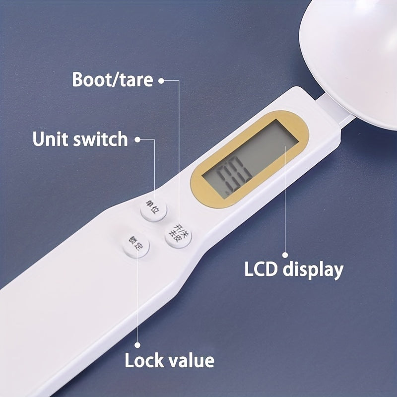 Digital kitchen scale with precision measuring spoon for home cooking and baking, battery powered.