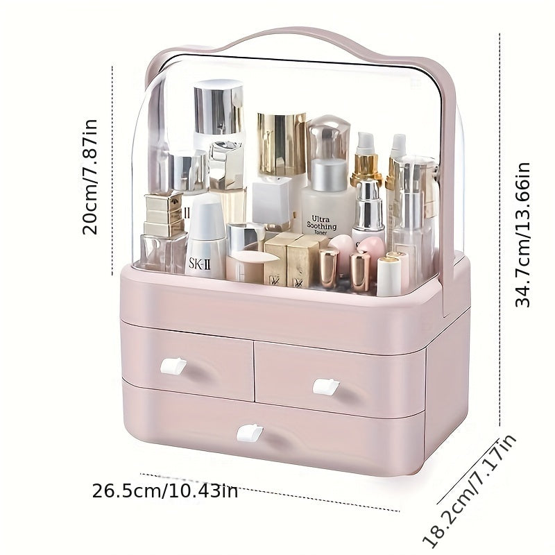 1pc Dust-Proof Cosmetic Storage Organizer, Plastic Makeup Holder with Drawers, Portable at 26.49 x 18.21 x 34.7 cm for Vanity or Bathroom Use