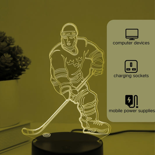 Modern ice hockey player LED table lamp, 7-color touch control night light with USB power, sport theme acrylic desk lamp for bedroom and living room decor, no battery required.