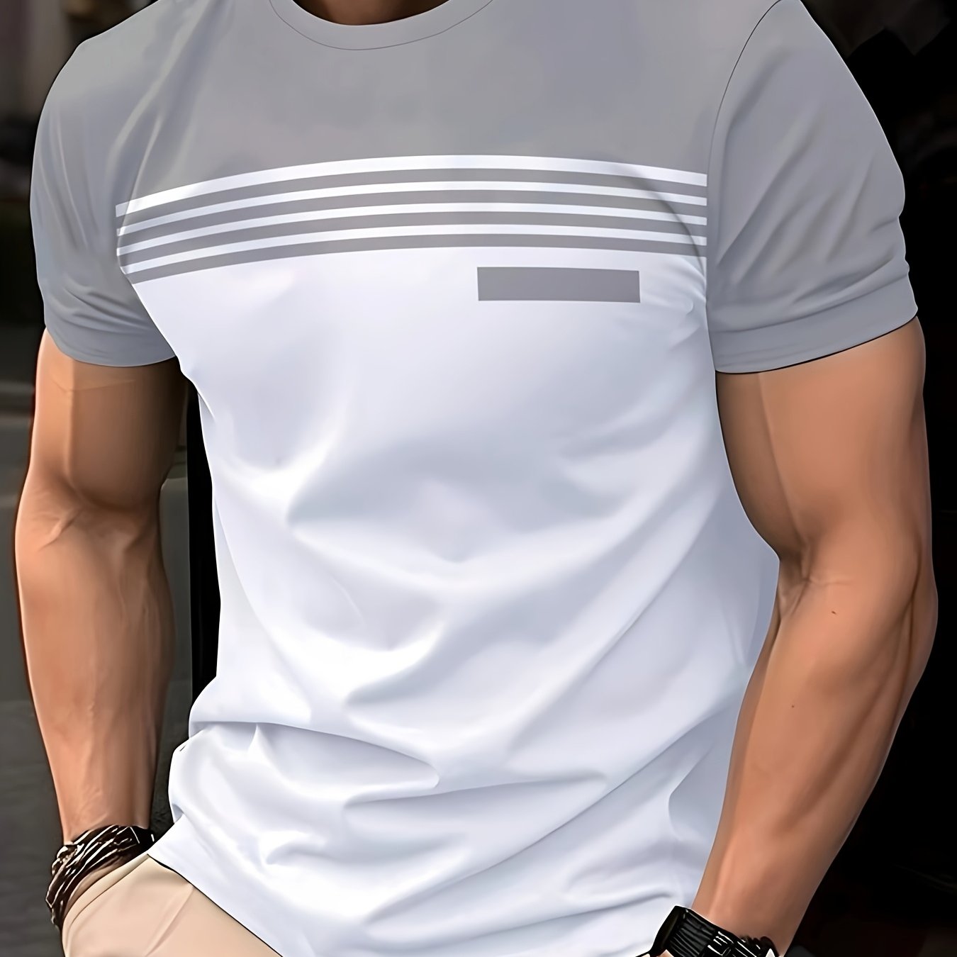 Men's fashion short sleeve t-shirt with striped geometric pattern, crew neck, regular fit, made of 100% polyester knit fabric with slight stretch.