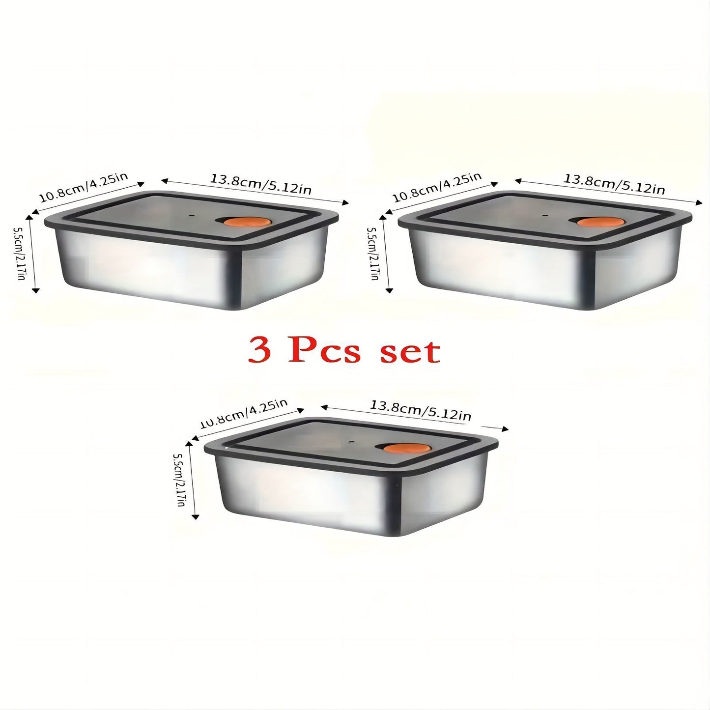 Set of three stainless steel food storage containers with lids - square shape, manual operation, no electricity required - ideal for use in the kitchen and dining area.