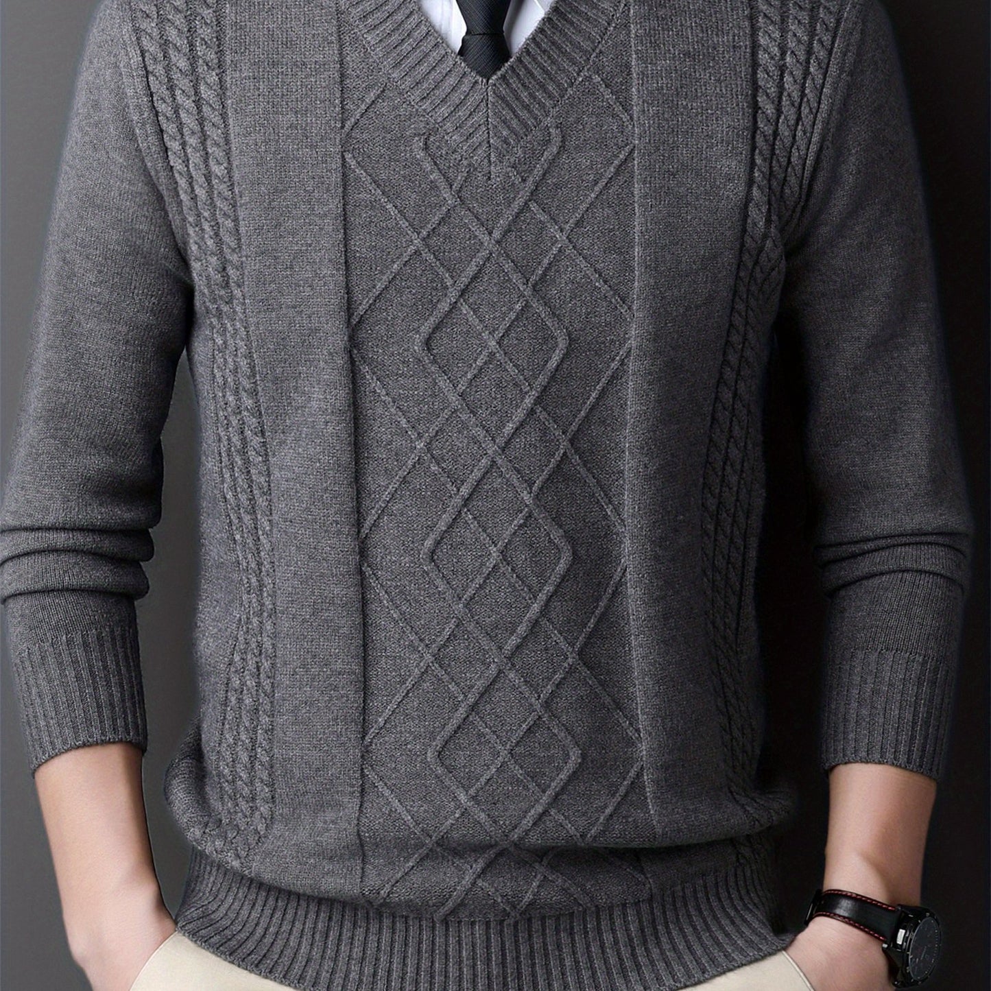 Men's red V-neck sweater with diamond pattern, long sleeves, ideal for fall and winter, can be layered for a formal look.