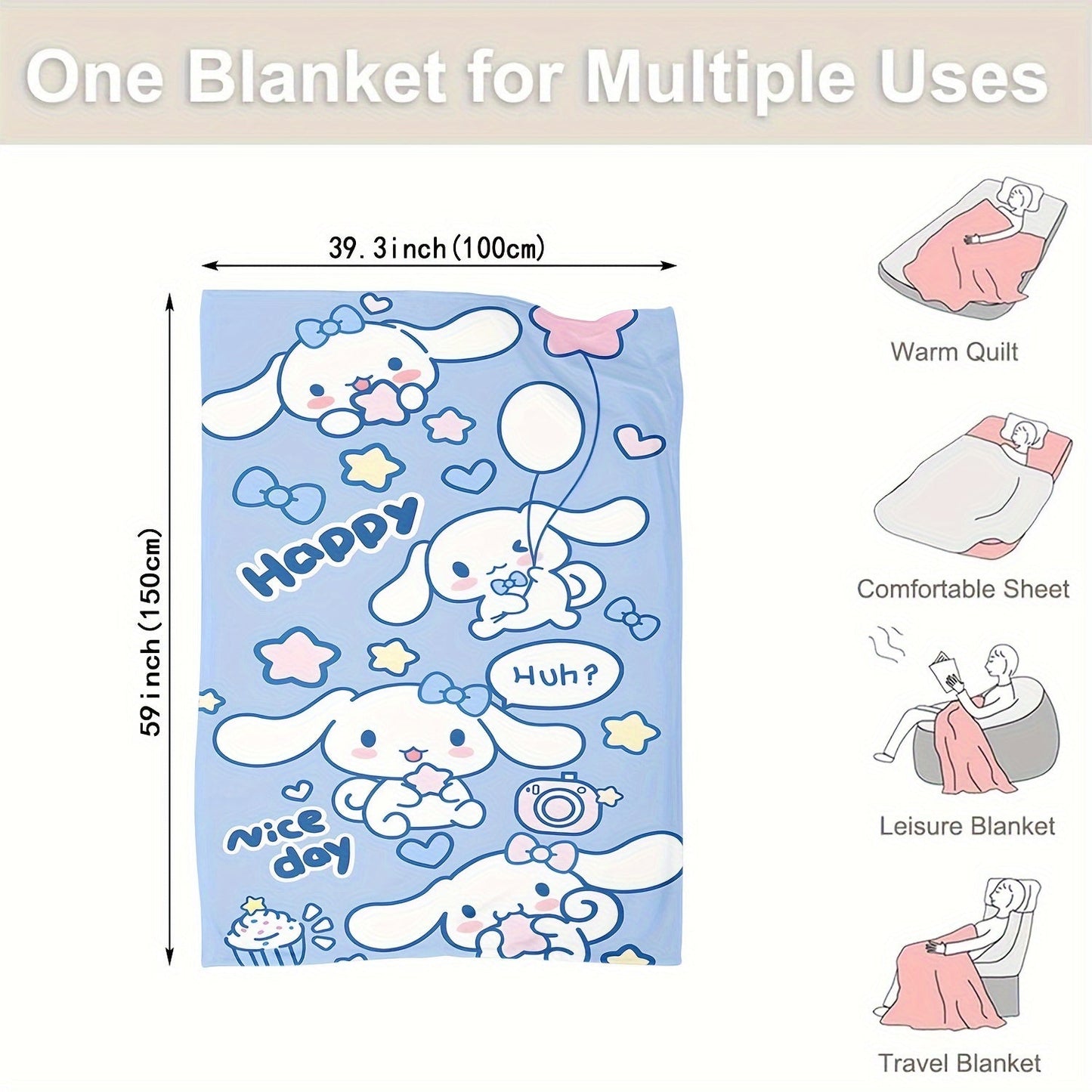 Soft and warm Sanrio Cinnamoroll plush flannel throw blanket featuring a cozy cartoon print. Perfect for adding a touch of cuteness to your bedroom, living room, or for taking on camping trips and travel adventures. This multi-purpose gift is sure to