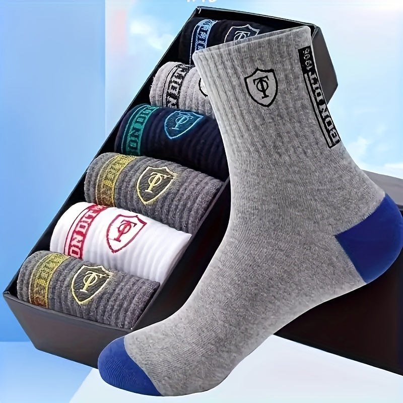 5 pairs of comfortable, trendy crew socks for men, breathable and soft for casual wear.