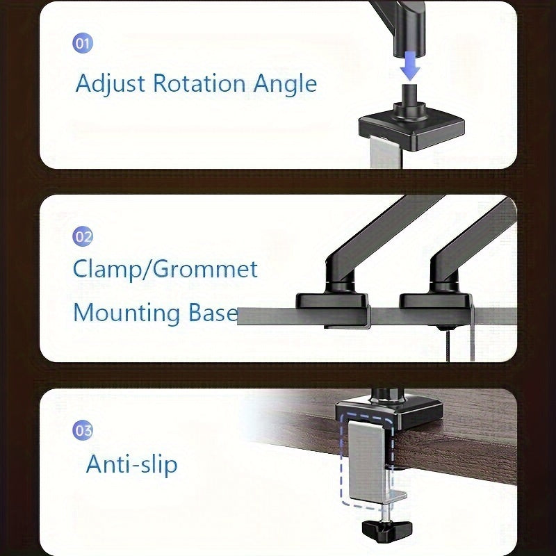 Adjustable gas spring monitor arm stand for up to 81.28 cm screens, with clamp/grommet base for ergonomic support.