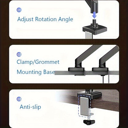 Adjustable gas spring monitor arm stand for up to 81.28 cm screens, with clamp/grommet base for ergonomic support.