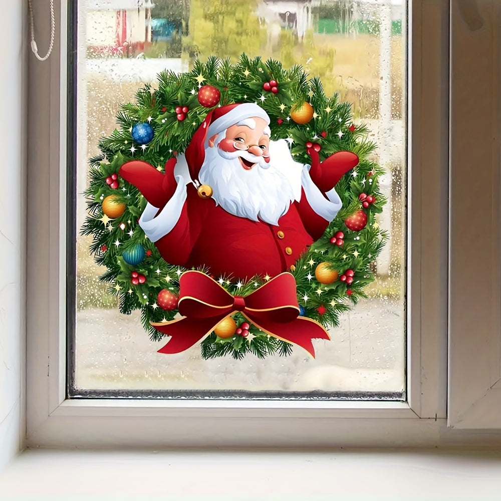 Modern Santa Claus wreath window stickers made from polyvinyl chloride with self-adhesive for easy home decorating. These glossy holiday PVC window clings are reusable and have other embellishment features, with a 2mil thickness.