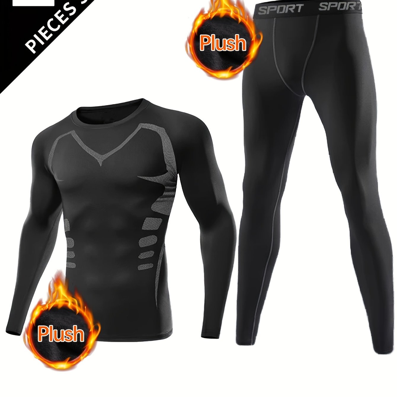 Men's thermal fleece compression shirt and leggings set, ideal for winter sports and outdoor activities, featuring a round neck long sleeve top and tight-fit pants.