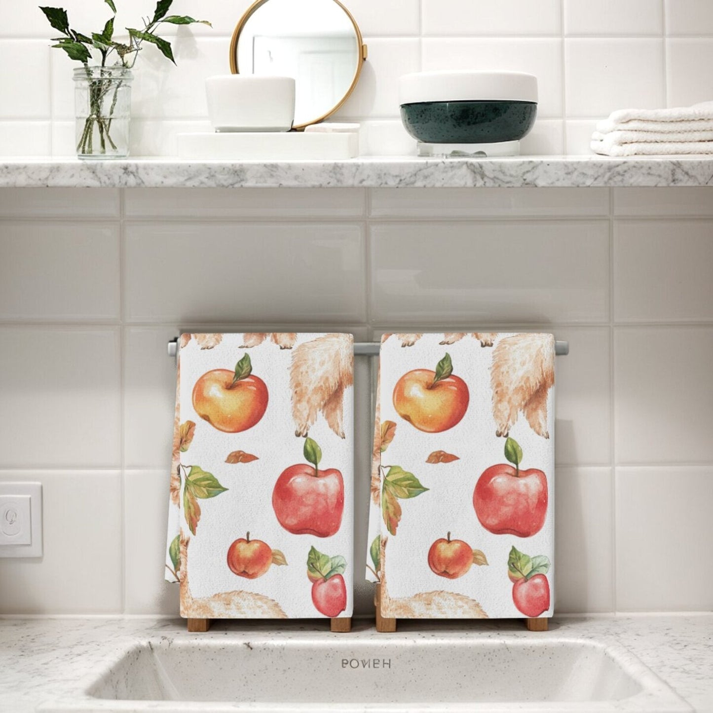 Set of 2 Alpaca Print Dish Towels: Enjoy this 2-pack of contemporary Apple and Alpaca print dish towels, made of durable polyester material. These rectangular kitchen towels feature a floral theme, adding a stylish touch to your home decor. Hand wash