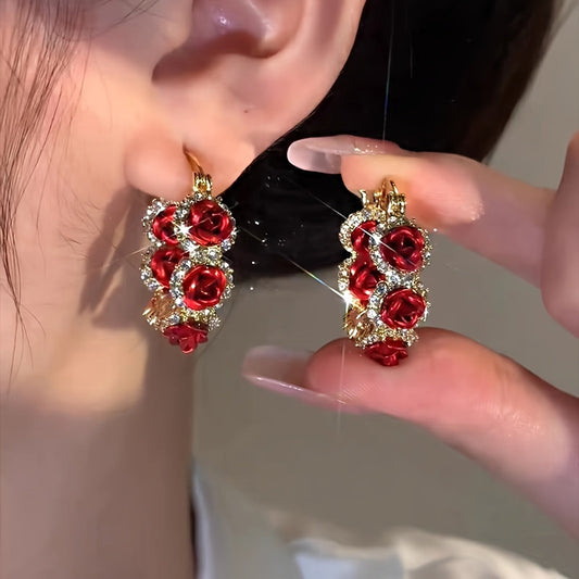 Chic and Stylish Red & Purple Rose Flower Earrings, Exuding Elegance and Luxury, Perfect Jewelry Gift for Women with a Fashionable Taste