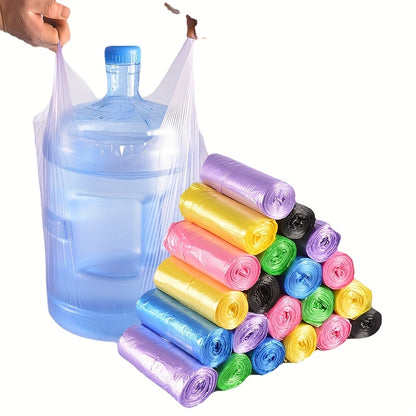 5 Rolls of 100 random color plastic garbage bags, suitable for home use. Kitchen and bathroom disposable garbage bags with a point cut style colored flat mouth.