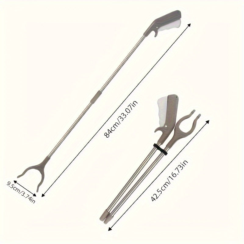 Durable plastic material 33-inch telescopic stainless steel reacher tool with comfort grip. Extendable grabber ideal for pregnant women, outdoor trash collection, and household cleaning.