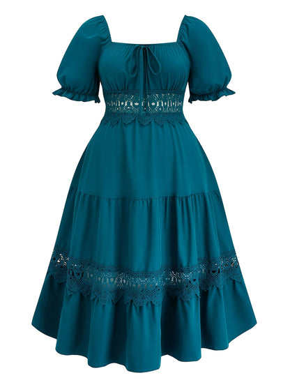 Stylish V-Neck Midi Dress with Lace Detail - Short Sleeve, Polyester & Spandex Blend, Ideal for Spring/Summer/Fall