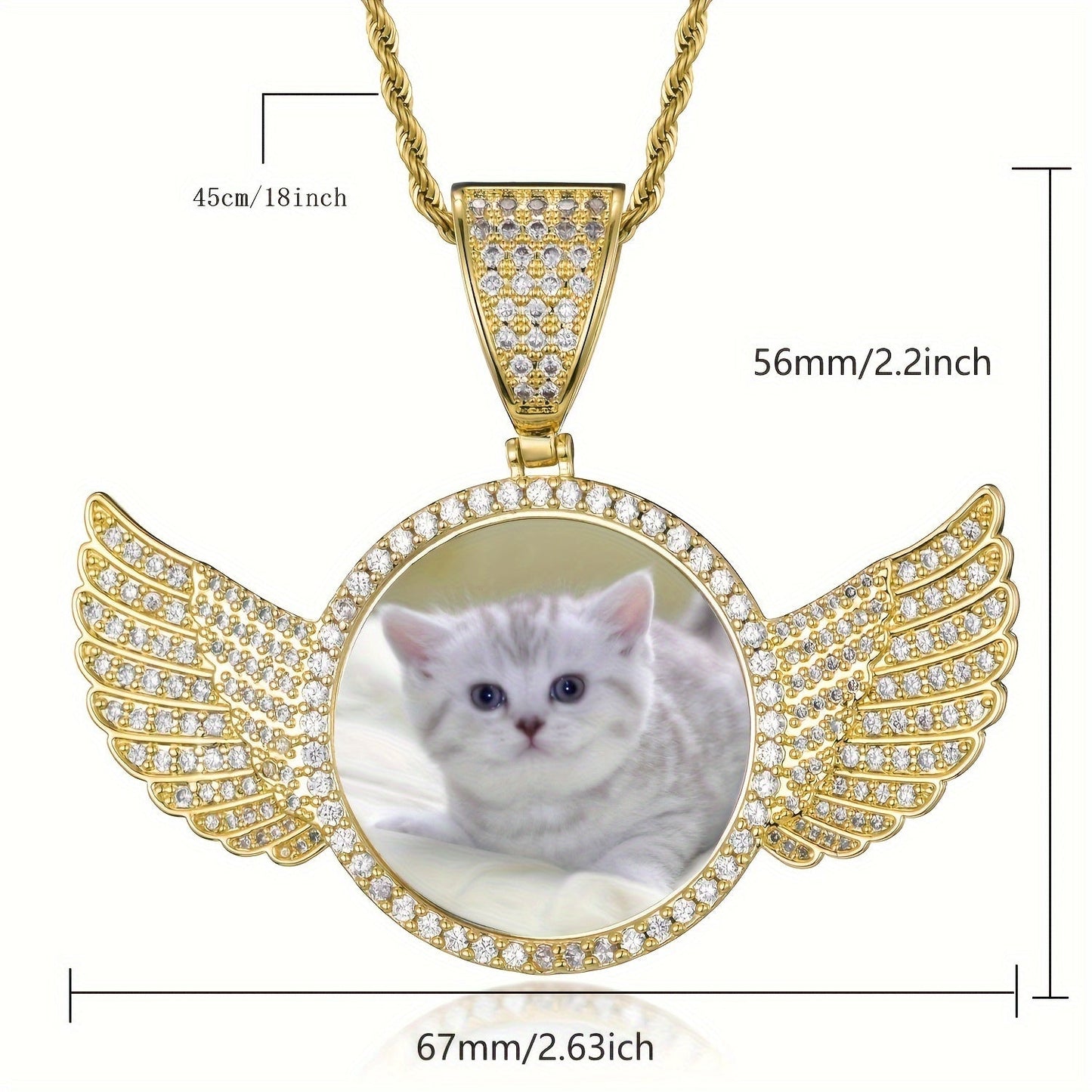 Customizable Photo Pendant Necklace in Hip Hop Style for Men and Women, featuring a Round Wing design in Gold Plated Zirconia for a fashionable look.