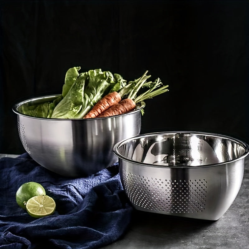 A durable stainless steel colander with fine mesh for straining, featuring a slant bottom draining bowl perfect for washing rice, vegetables, fruits, beans, and pasta. This kitchen colander is designed for quick draining with food-safe materials.