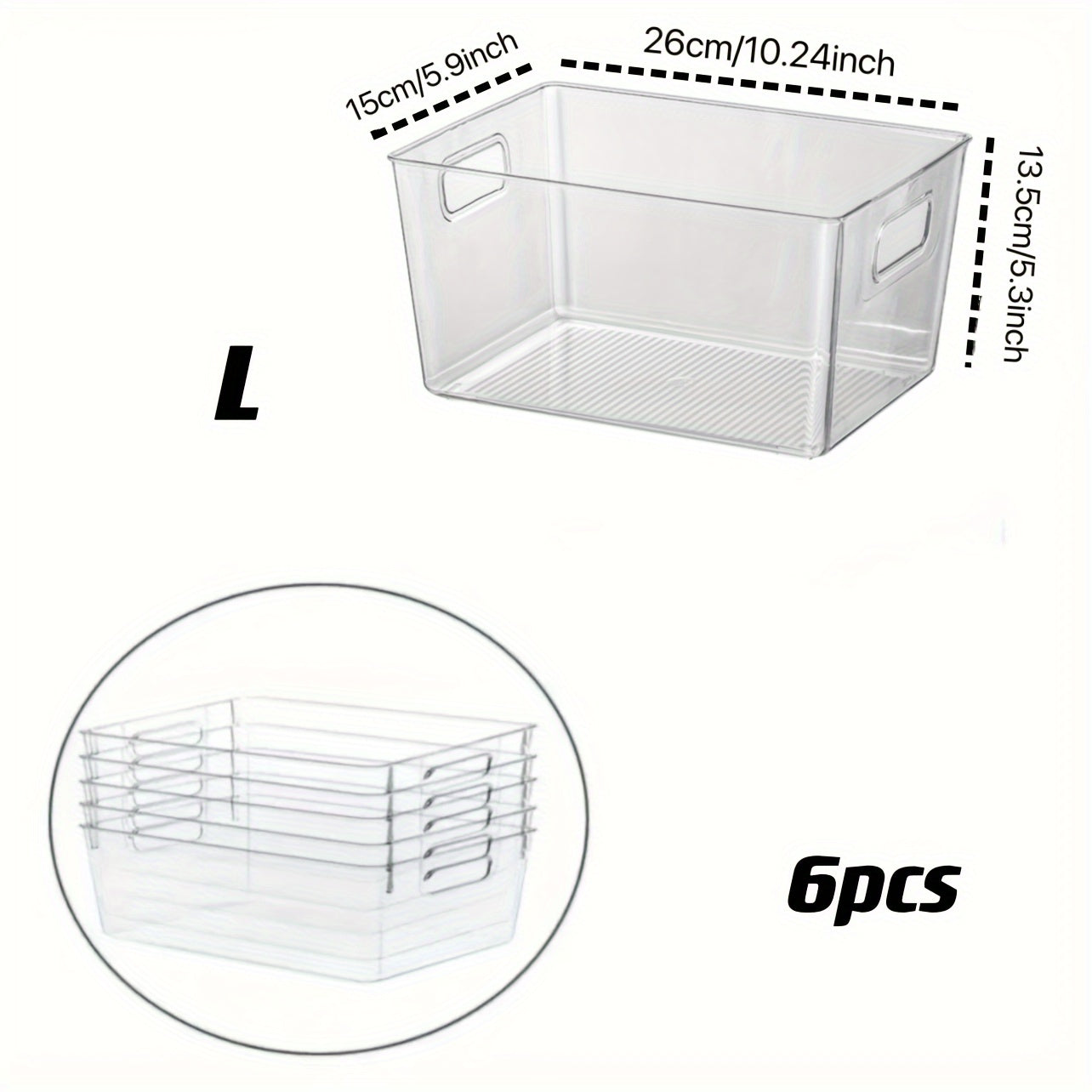 Lachesis Stackable Refrigerator Organizer Bins Set includes 2 large and 2 small bins, made of clear plastic with handles. These bins are versatile and can be used in the fridge, freezer, pantry, cabinets, drawers, or shelves for organizing fruits and