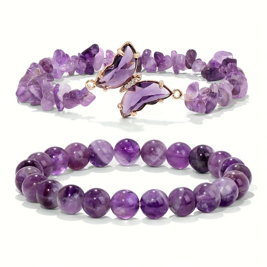 Get the Best of Both Worlds with this Set: Amethyst Quartz Bead Elastic Bracelet and Amethyst Pebble Butterfly Bracelet for Women - Trendy Hand Jewelry and Perfect Holiday Gift