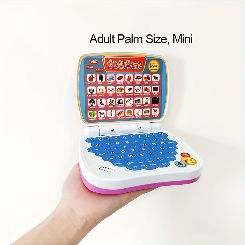 Mini laptop toy for kids - Educational and entertaining puzzle pad, easily portable, battery-free, available in pink or blue.