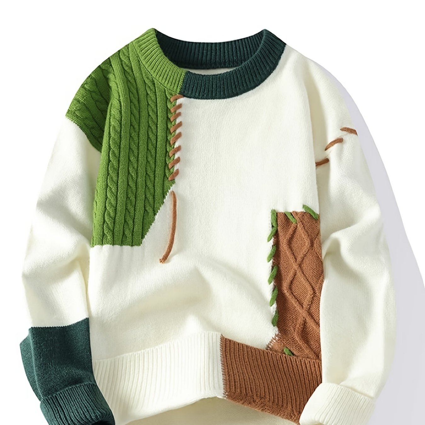 Men's Color-Block Cable Knit Sweater - Soft, Relaxed Fit for Autumn/Winter Comfort