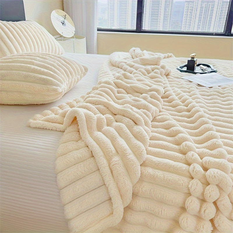 Soft and cozy Champagne Plush Double-Layer Throw Blanket perfect for all seasons. This knitted bed cover features contemporary style and is made from 250-300g polyester. Machine washable and ideal for use on the couch, bed, office, travel, and siestas.