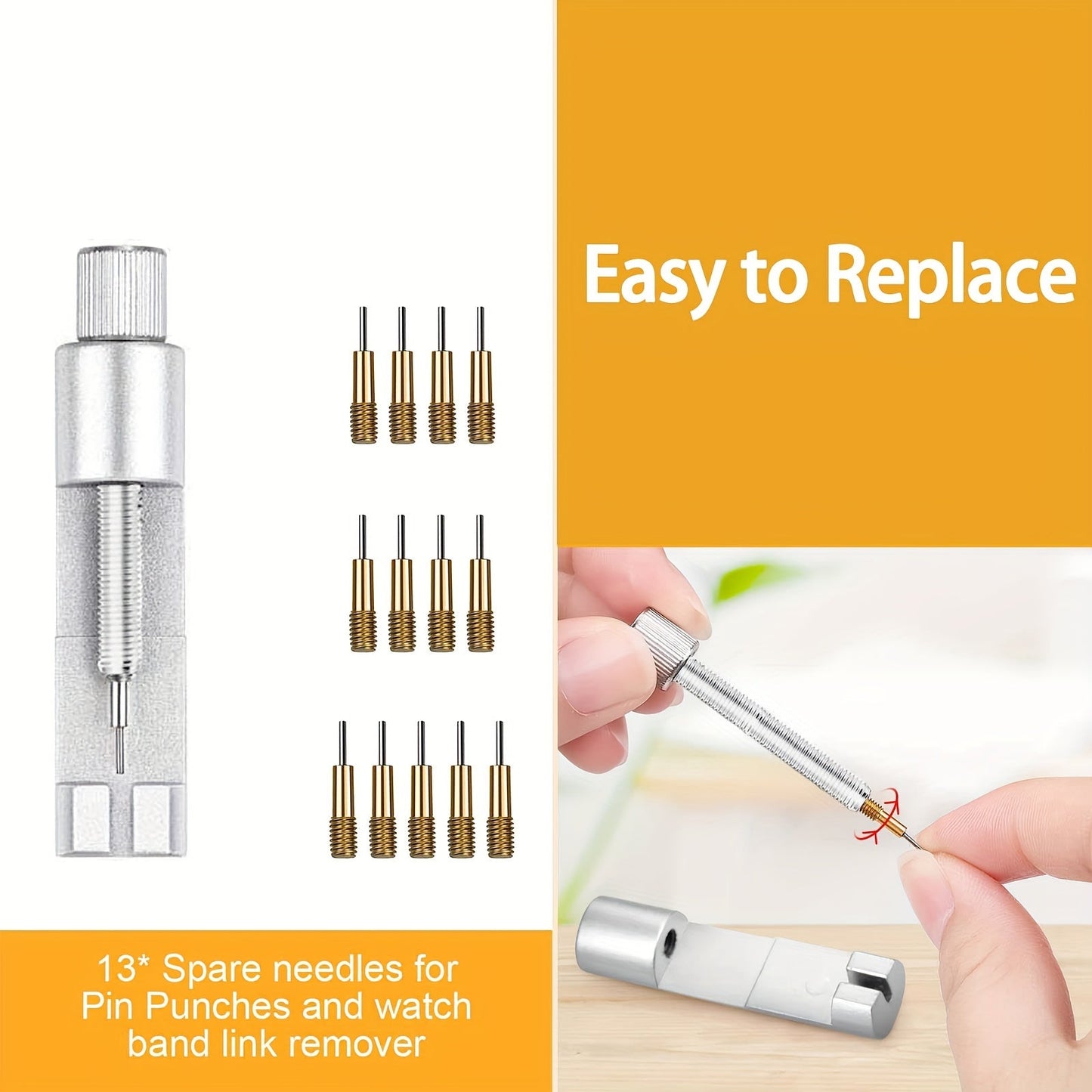 Watch Link Removal Tool Set includes 15 pieces, a Watch Band Tool Kit, Watch Strap Link Pin Adjustable Remover, Spring Bar Tool, and Spare Needles.