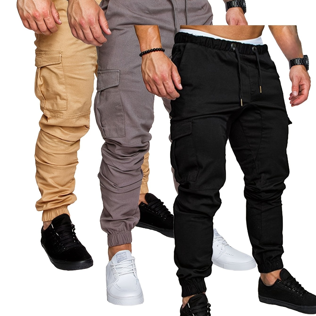 3-Pack men's casual cotton cargo pants with drawstring waist, standard fit, regular length, and solid color woven fabric.