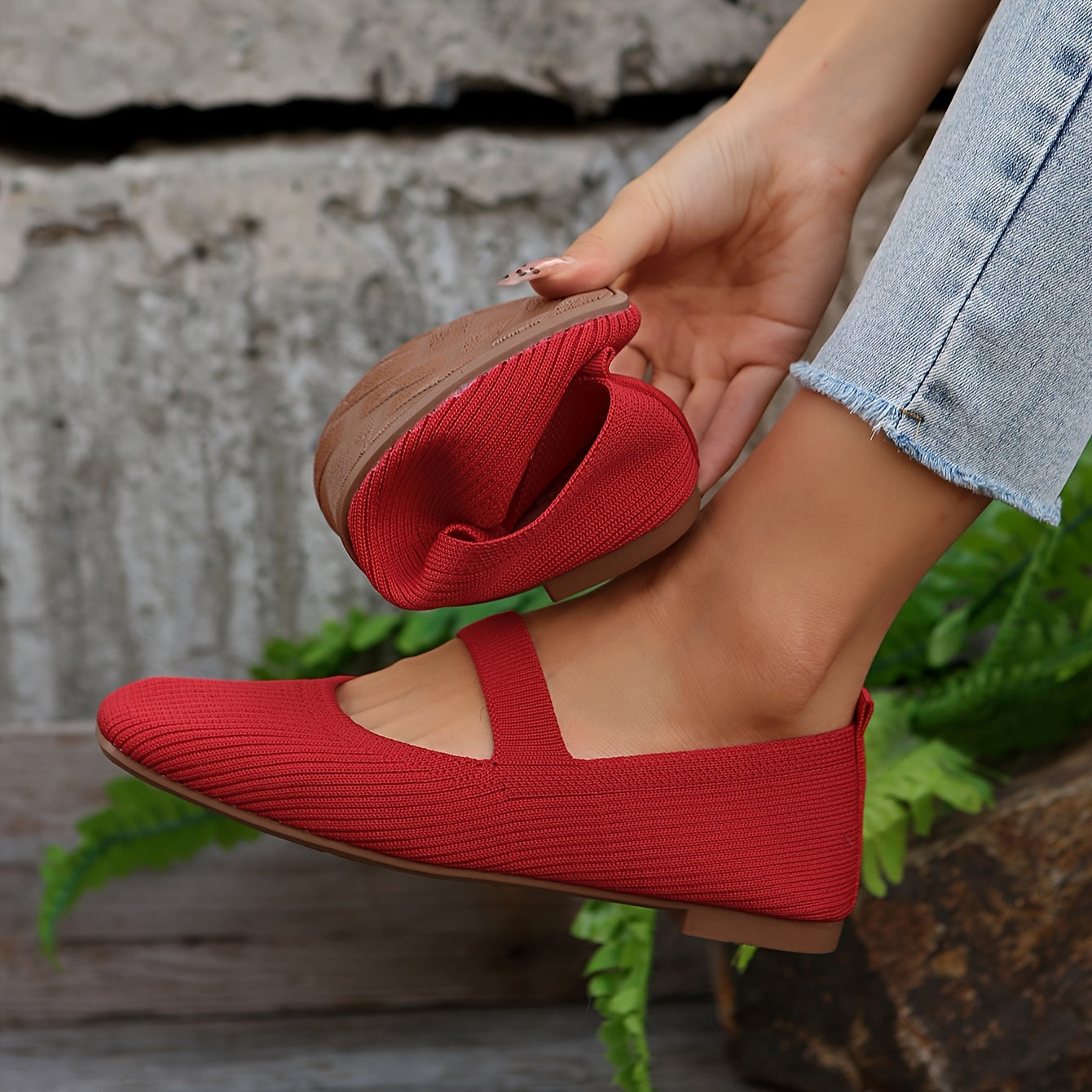 Women's casual knit flats with square toe, fabric upper, PU lining, and durable plastic sole for all seasons.