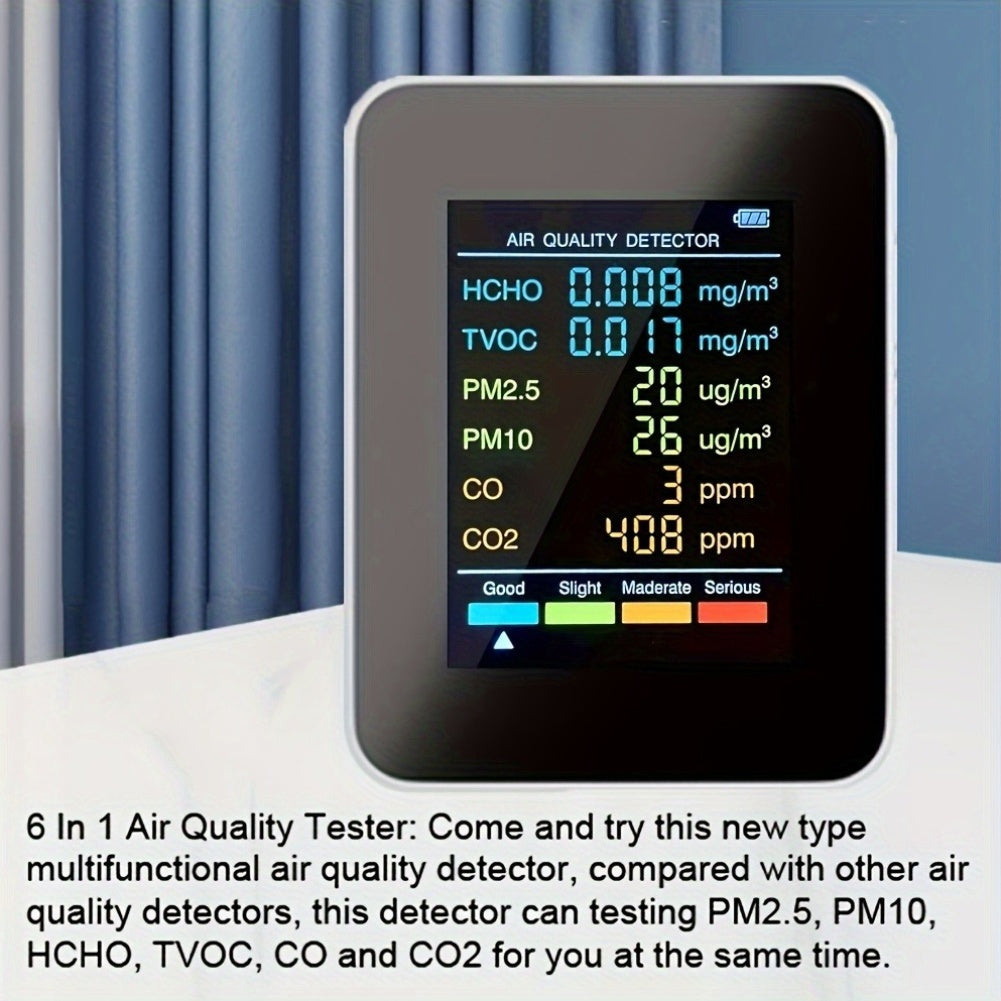 1pc 6-in-1 Premium Air Quality Monitor with Large LCD Display for Home and Office Use, accurately detects CO2, CO, PM2.5, PM10, HCHO, and TVOC with advanced sensor technology.