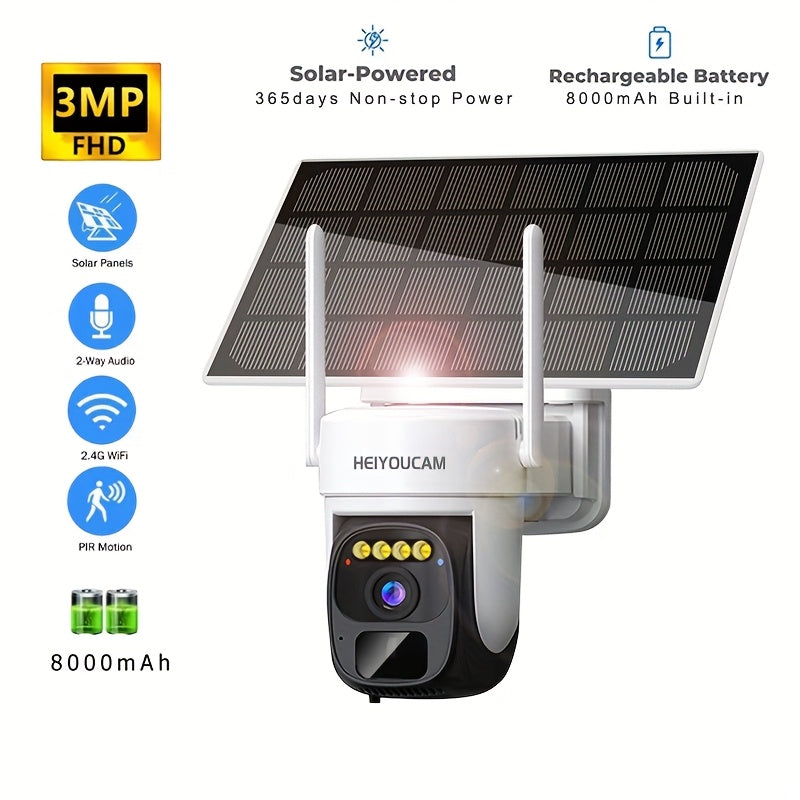 Solar-powered wireless outdoor security camera with pan-tilt 360° view, 3MP resolution, two-way talk, cloud/SD storage, color night vision, spotlight, siren, motion detection, and