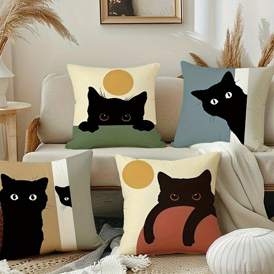 Set of 4 cat cartoon throw pillow covers, linen blend with zipper closure, machine washable, for various room types, 45.72x45.72 cm.