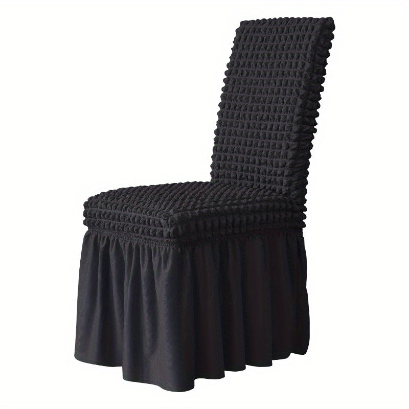 1 Seersucker dining chair slipcover with skirt, non-slip design. Protects furniture in various settings.