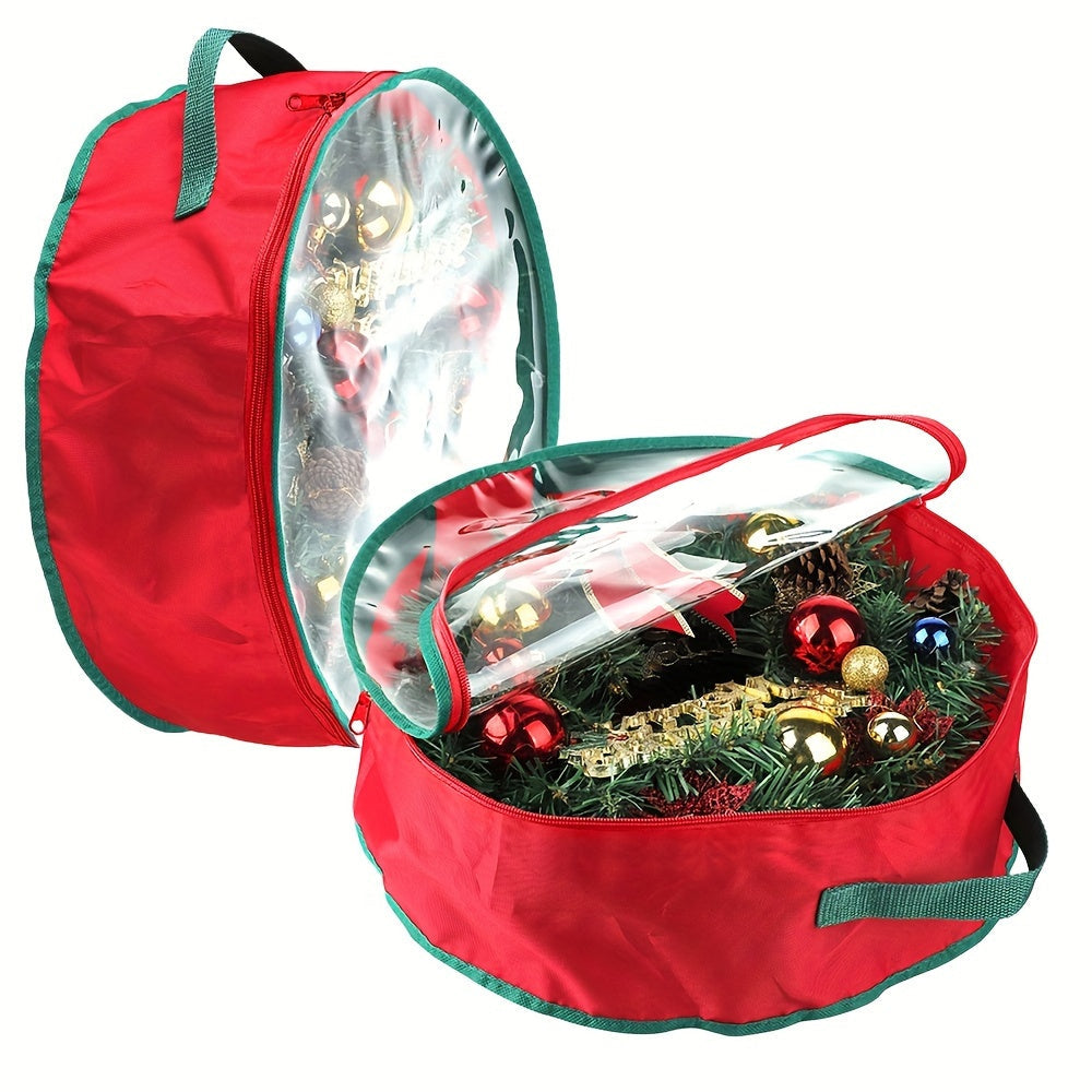 This Christmas wreath storage bag is made of polyester and designed for holiday garlands. It is tear-resistant and features heavy-duty handles, a transparent card slot, and a capacity of less than 3.2 cubic feet. The bag is under 68.58cm in height