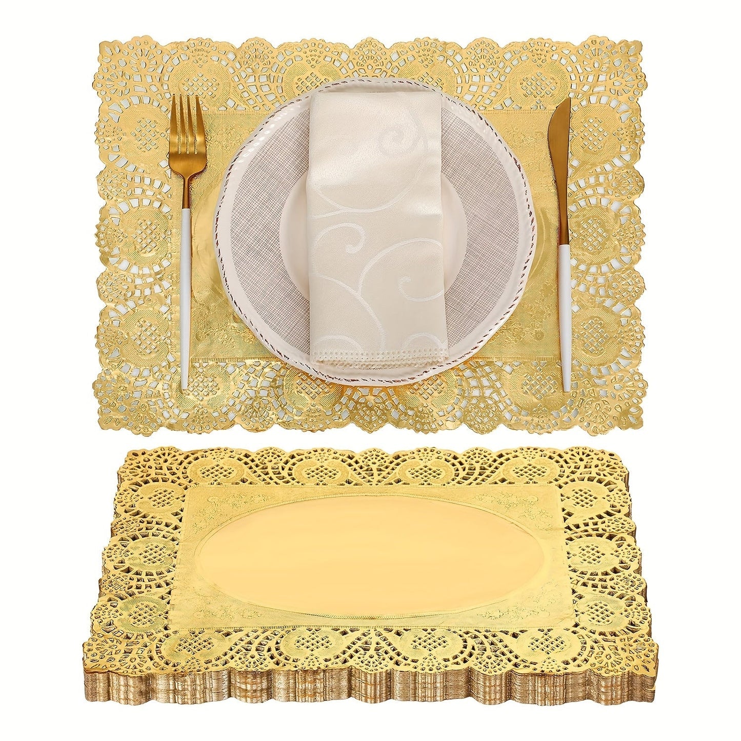 Pack of 100 Rectangle Golden Paper Doilies Placemats, Lace Paper Doilies Pad, Disposable Paper Doilies Placemats - Perfect for Desserts, Fried Foods, Cakes, Crafts, Wedding Parties, and Cake Packaging on Table Decorations